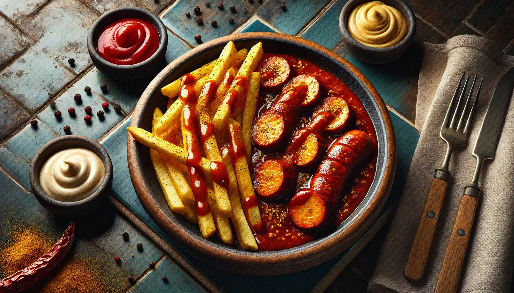 Original Berliner Currywurst und goldene Fritten